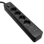 KabelDirekt – Bloc multiprise avec 4 prises (USB, Power Delivery 3.0, charge jusqu’à 3× plus rapide selon l’appareil, protection parafoudre/surtension, testé par TÜV, noir)
