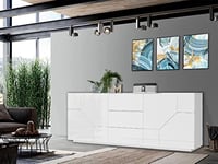 Dmora - Buffet Sebastian, Buffet de Cuisine avec 4 Portes et 3 tiroirs, Buffet de Salon, 100% Made in Italy, 220x43h86 cm, Blanc Brillant