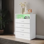 Commode Haute Brillance 4 Tiroirs Armoire de Rangement led pour Chambre à Coucher Espace de Rangement 5 Niveaux, Blanc - Sonni