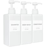 Lot de 3 distributeurs de shampooing et d'après-shampoing, flacons à Pompe Rechargeables en Plastique avec étiquettes étanches, Distributeur de Savon Vide pour Salle de Bain, Douche (Blanc, 500 ML)