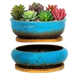 ARTKETTY Pots de Fleurs en céramique avec Plateau de Drainage en Bambou, 1 Pot de Fleurs rectangulaire + 1 Pot de Fleurs Rond pour intérieur (Bleu)