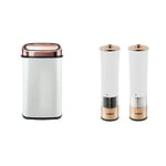 Tower T80904RW Kitchen Bin Sensor Lid, Touchless for Hygienic Waste Disposal, Infrared Technology, 58 Litre, White and Rose Gold & T847003RW Electric Salt and Pepper Mills, White, 5.6 x 5.6 x 22.5 cm