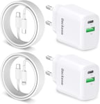 Chargeur Rapide For Iphone 15/14/13/12/11/Xs/Xr/Ipad, 20W 2-Pack Usb C Adaptateur Et 2M Cable Secteur Mural Type C Alimentation Prise