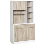 HOMCOM Meuble Buffet Dispense Cuisine, Portes Tiroirs et Compartiments Ouverts, 100L x 39P x 180Hcm Blanc et Bois