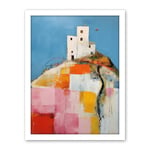 Artery8 House on the Hill Oil Painting Abstract Geometric Patchwork Palette Knife Pastel Colour Rural Landscape Artwork Framed Wall Art Print 18X24 Inch