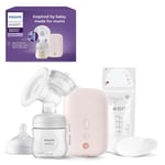 Philips Avent - Tire-lait électrique simple, Qualité hospitalière, Rythme similaire à celui de votre bébé, Biberon de 125 ml et coussinets d'allaitement inclus, modèle SCF395/31