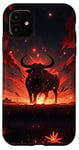 Coque pour iPhone 11 Bull bison rouge vif coucher de soleil, étoiles de nuit lune fleurs #4