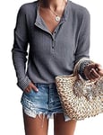 WNEEDU Pull Femme à Manches Longues en Tricot Gaufré Tunique T-Shirt Chemise Henley Décontracté Col V avec Boutons