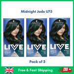 3 x Schwarzkopf Live Permanent Hair Dye MIDNIGHT JADE U75 - Women Hair Colour