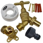 Outside Tap Kit With Garden Hose Pipe Fitting, Brass Wall Plate, Bib Tap & PTFE