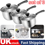 3PCS Stainless Steel Deep Induction Non Stick Saucepans Cookware Pan Set lid UK