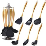 Silicone Cooking Utensil Set, 7 pcs Silicone Cooking Kitchen Utensils Set, Non-Stick Kitchen Cookware Titanium Stainless Steel Handle with Utensil Holder, Spatula Set for Cooking-Gold