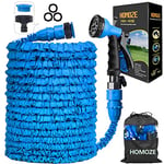 HOMOZE Extendable Hose Pipe 100ft, Ultra-Durable Anti-Leakage Expanding Hose Pipe with 3/4",1/2" Fittings and Rubber Ring, Expandable Garden Hose with 8 Function Spray Nozzle (Blue,100ft)