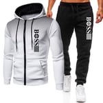 Herr \"Boss\"" Tryckt Träningsoverall Set Dragkedja Huvtröja Jacka Joggers Byxor Sportkläder Aktivkläder M-3XL White-Black S"