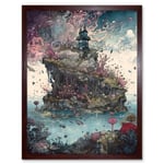 Fantasy World Coastal Island Landscape Nymph House Magical Marine Life Flying Fish Seaweed Cloud Art Print Framed Poster Wall Decor 12x16 inch