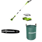 Greenworks G40PSFK2 40V 20cm Cordless Pole Saw, 2.58m Pole Reach, 40V 2Ah Battery & Charger+ Greenworks 20cmGuide Bar for Chain Saw + Greenworks 120 L Garden Waste Bag