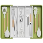 Lifewit Range Couverts pour Tiroir, Grand Plateau de Couverts Extensible pour la Cuisine, Support Réglable pour l'Argenterie et les Couverts, Range Couvert pour Outils et Gadgets, Grand, Vert et Blanc