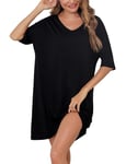 Irdcomps Chemise de Nuit Femme Coton Chemises de Nuit Grande Taille Robe de Nuit à Manches Courte Vêtements de Nuit Ete Col en V Nightie Sleep Nightgown Couleur Unie Loose Casual Stylish Noir M