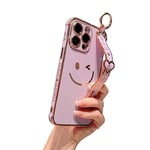 iPhone 13 promax Case 6.7 Inch with Strap, Hosgor Electroplated Heart Design with Armband Kickstand Luxury Black Gold Soft TPU Shockproof Smile Face Aesthetic Phone Case (Purple)