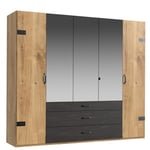 Armoire portland style industriel 250 cm 5 portes 3 miroirs chêne poutre / graphite