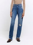 River Island Straight High Rise Jean - Medium Denim, Blue, Size 12, Women