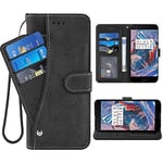 ELISORLI Compatible with OnePlus 3 3T A3000 Wallet Case Wrist Strap Lanyard Leather Flip Card Holder Cell Accessories Phone Cover for OnePlus3 OnePlus3T 1 One Plus T 1plus T3 1+ 1+3T 1+3 Men-Black