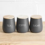 Grey Tea Coffee Sugar Canisters with Wooden Lids Kitchen Storage Jars Containers