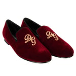 DOLCE & GABBANA Velvet Loafer Shoes AMALFI with Logo Embroidery Red Gold 11047