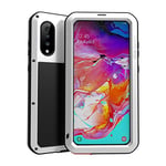 LOVE MEI pour Samsung Galaxy A70 Coque, imperméable en étanche Antichoc Anti-poussière Housse Hybrid Métal Aluminium Coque pour Samsung Galaxy A70 (6.7 Pouces) avec Verre trempé (Blanc)