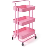 GOPLUS Chariot de Rangement à 3 Niveaux, Desserte à roulettes avec 4 roulettes Universelles, 2 avec Frein, Panier Charge 20KG, pour Cuisine, Bureau, Salle de Bain, 42x35x87CM(Rose)