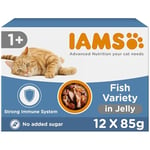 IAMS Delights Complete Wet Cat Food for Adult 1+ Cats Fish Variety in Jelly Multipack 12 x 85g Pouches