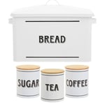 White Metal Tin Tea Sugar Coffee Canister Bread Bin w/ Lid Storage Container 4pc