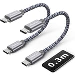 CLEEFUN Short USB C to USB C Cable[0.3M,2-Pack], 60W USB Type C Fast Charging Car Charger Lead for iphone 15 16 Plus,MacBook/iPad Air/Pro,Galaxy S/A Series,Android Auto,PS5/Xbox Controller,Power Bank