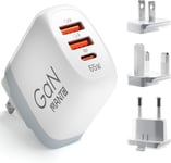 Chargeur Usb C 65W 3-En-1 Gan, Chargeur Rapide Avec Pd & Qc3.0, Adaptateur De Voyage Avec Prises Uk/Us/Eu Pour Macbook, Ipad, Téléphone, Galaxy, Ordinateurs Portables