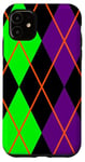 Coque pour iPhone 11 Clowncore Halloween Losanges Plaid Violet Vert Clown Jester