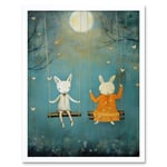 Rabbits on a Swing with Moonlit Butterflies Calming Baby Nursery Artwork Art Print Framed Poster Wall Decor 12x16 inch