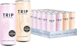 TRIP CBD Drink, Sparkling Elderflower Mint & Peach Ginger Fizzy Drink, Low Calorie, Vegan, Stress & Anxiety Relief (Pack of 24 x 250ml)