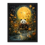 Artery8 Harvest Moon Panda Landscape Oil Painting Panda Bear in a Wildflower Meadow with Flowing Stream Kids Bedroom Artwork Framed Wall Art Print 18X24 Inch