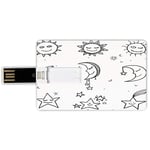 16G USB Flash Drives Credit Card Shape Sketchy Memory Stick Bank Card Style Hand Drawn Image of Sun Moon Stars Emoji Kids Nursery Art Print Image,Black and White Waterproof Pen Thumb Lovely Jump Drive