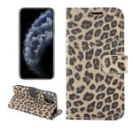 Fodral för iPhone 12 Pro med leopardmönster, horisontellt flippfodral i läder med kortfack och hållare (brun)