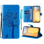 Oududianzi-Coque pour Xiaomi Redmi 13C / Poco C65 [1X Verre Trempé] Étuis Rabat Folio Protection Housse Cuir PU Portefeuille Silicone [Fermeture Magnétique][Emplacements Cartes][Stand Feature]-Bleu