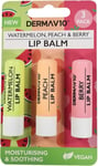 1X 3PK Derma V10 Lip Balm Watermelon Peach and Berry Lip Balm - NEW UK