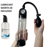 Penis Pump Enlarger Extender 8 INCH Hand Pump Gauge Clear with Sleeve + £8 LUBE