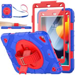 SEYMAC stock 360° Rotating Case for iPad 9th/8th/7th Generation 10.2 inch 2021/2020/2019, Full-body Drop Protection with Adjustable Stand/Hand Strap, Screen Protector & Pencil Holder, Red+Blue