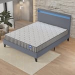 sensoreve Ensemble Matelas + Sommier & tête de lit LED (140 x 190cm)- Matelas Orionis Mousse Mémoire de Forme d’épaisseur 22cm + Lit Stable & Robuste, revêtement synthétique Gris