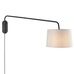 Adjustable Swing Arm Wall Light Matt Black & Grey Cotton Shade Mains Plug in