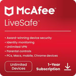 MCAFEE LiveSafe - 1 year for unlimited devices RRP-£79.99- (card Sent By Post)