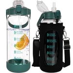 Seekua 1.5 litre Sport Gourde d'eau Avec Paille et Temps Motivation Marqueur, 1.5l Grande Bouteille d'eau Verre Avec Sans BPA Pour le Gym Bureau Fitness Camping