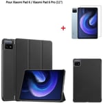 Tablette Coque Pour Xiaomi Pad 6 / Pad 6 Pro 11" Noir Housse PU Cuir Avec Film de protection d'écran Film trempé 2 Pack