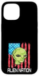 iPhone 15 Funny Alien UFO USA Flag and Green Alien Head Case